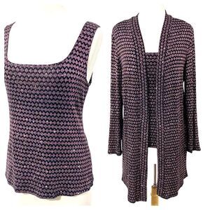 Onyx Nite L Purple Pink GLITTER Black Print Cami Cardigan Set